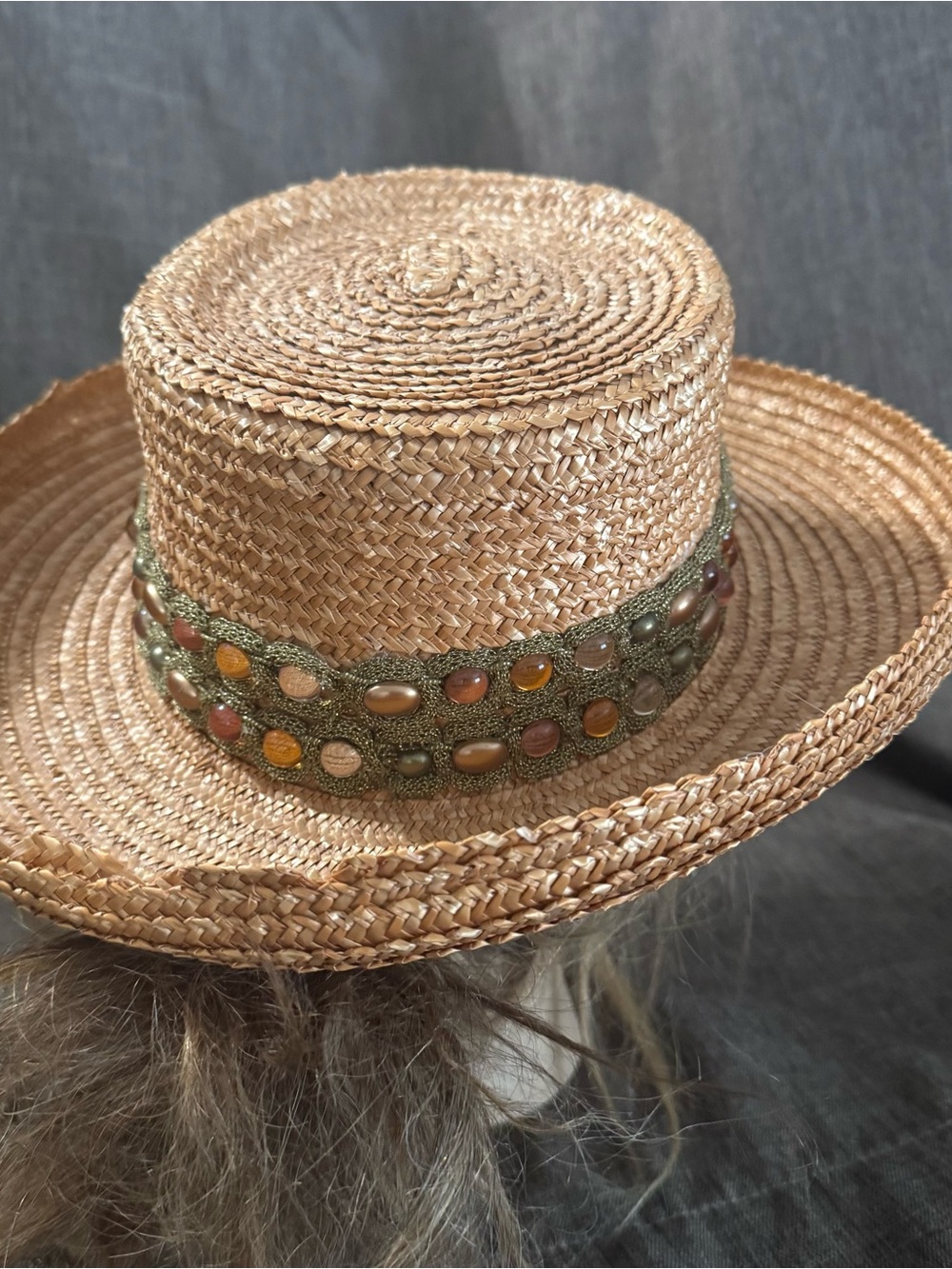 Eric Javits Natural Straw Hat with Olive Beaded Band - Picture 14 of 14
